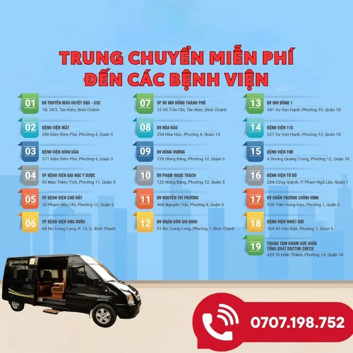 Xe đi bệnh viện limousine vip 9 chỗ Trung chuyển miễn phí đến các bệnh viện tại TPHCM khi đặt xe đi khám bệnh