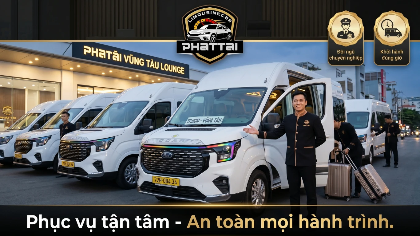 Đội ngũ tài xế và dàn xe cao cấp của Phát Tài GRP tuyến Sài Gòn Vũng Tàu.